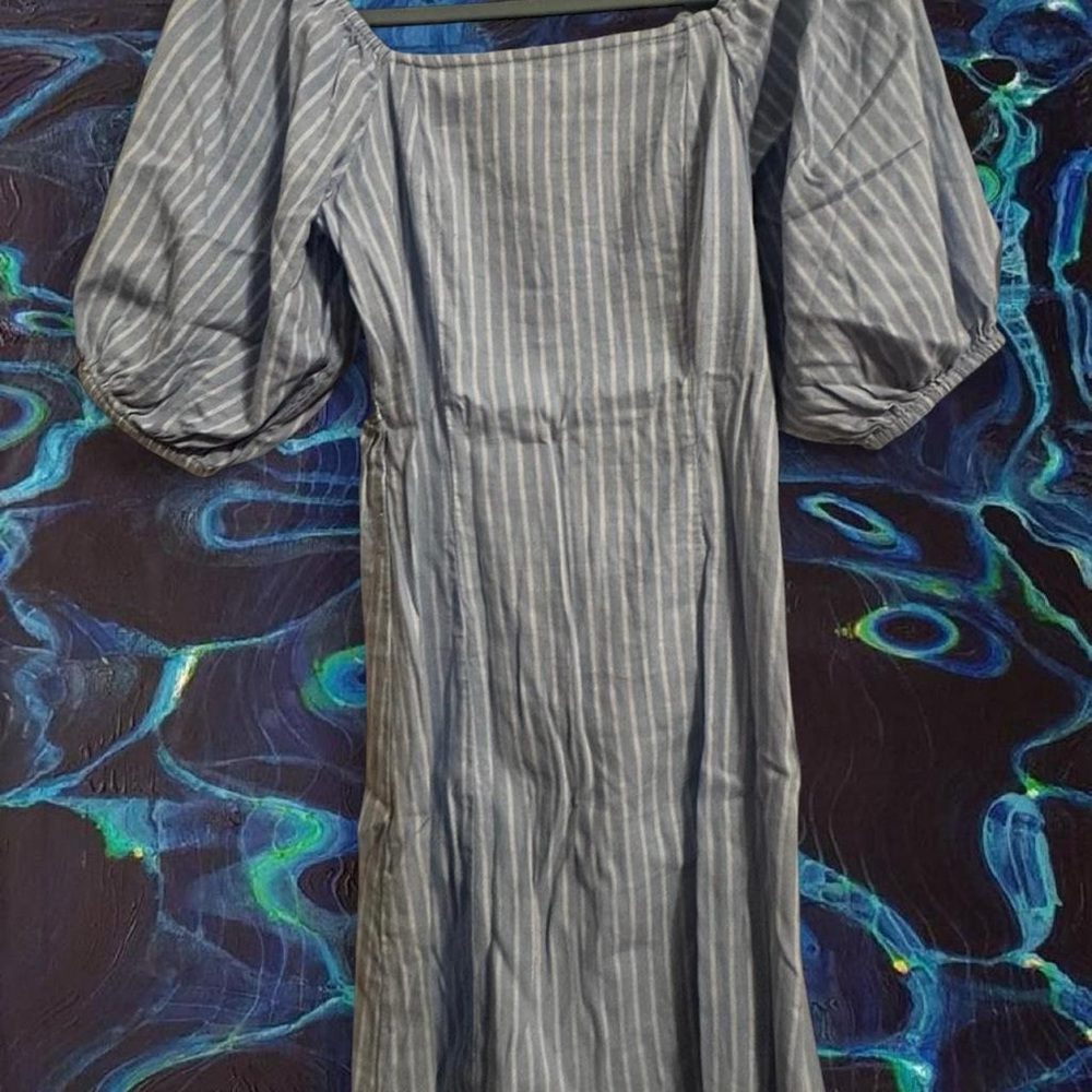 Blue & White Striped Puff Sleeve Smocked Midi Dress